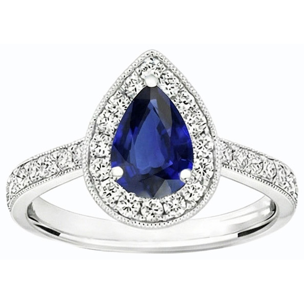 Natural Earth Mined Diamond Halo Engagement Ring Pear Srilanka Sapphire 4.50 Carats