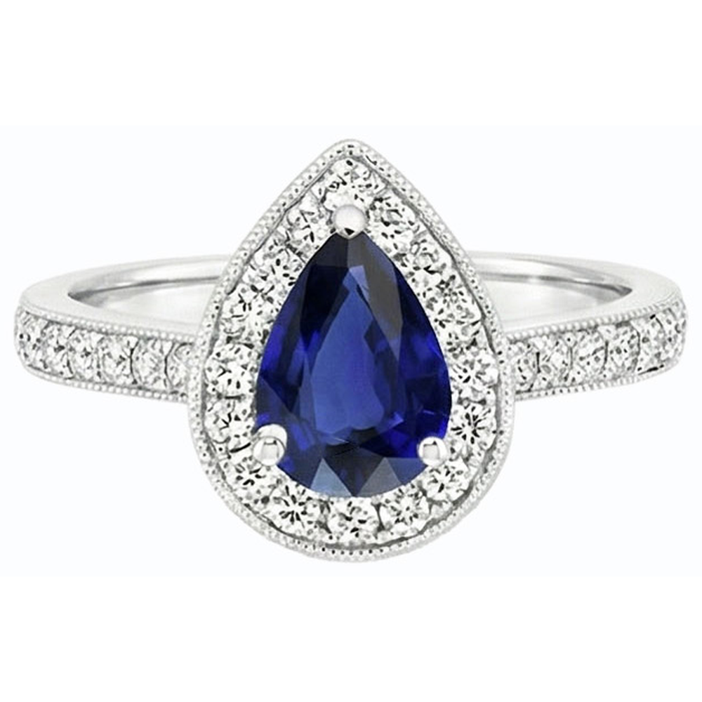 Natural Earth Mined Diamond Halo Engagement Ring Pear Srilanka Sapphire 4.50 Carats