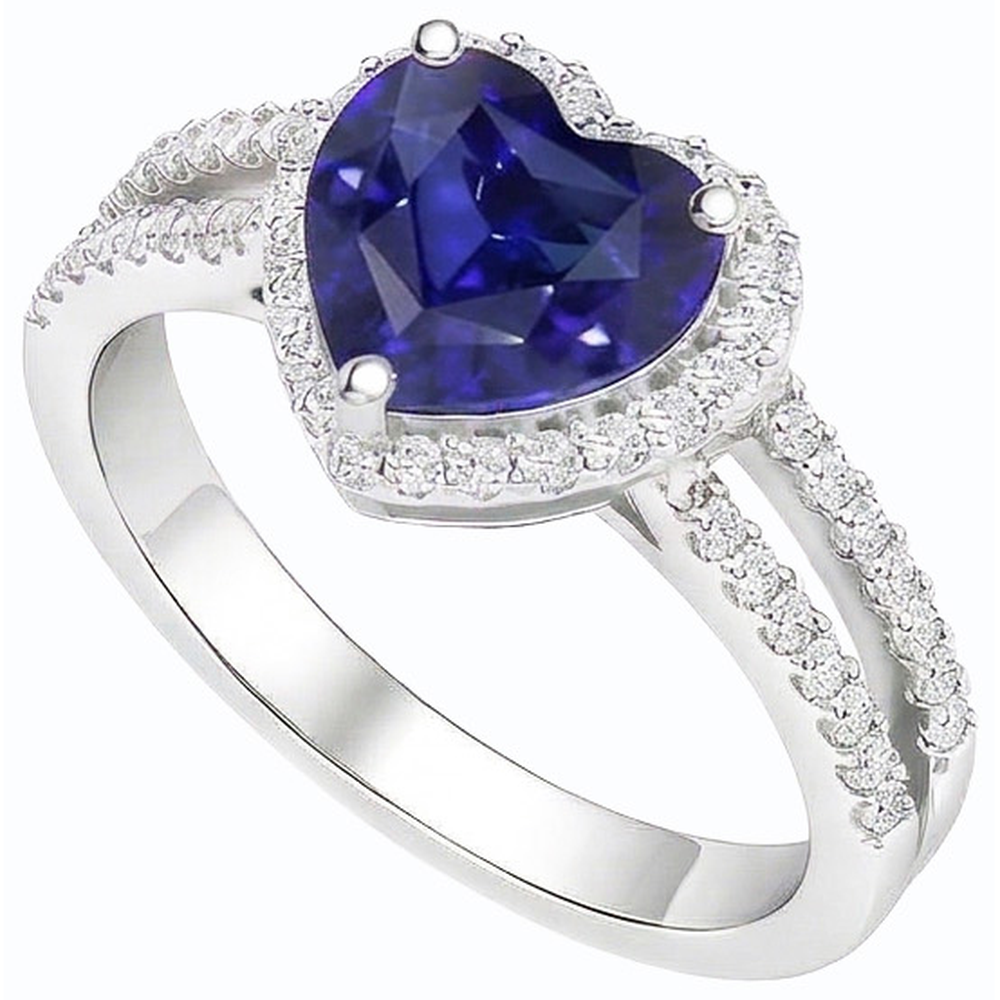 Natural Earth Mined Diamond Halo Heart Cut Sapphire Ring Double Shank 3.50 Carats