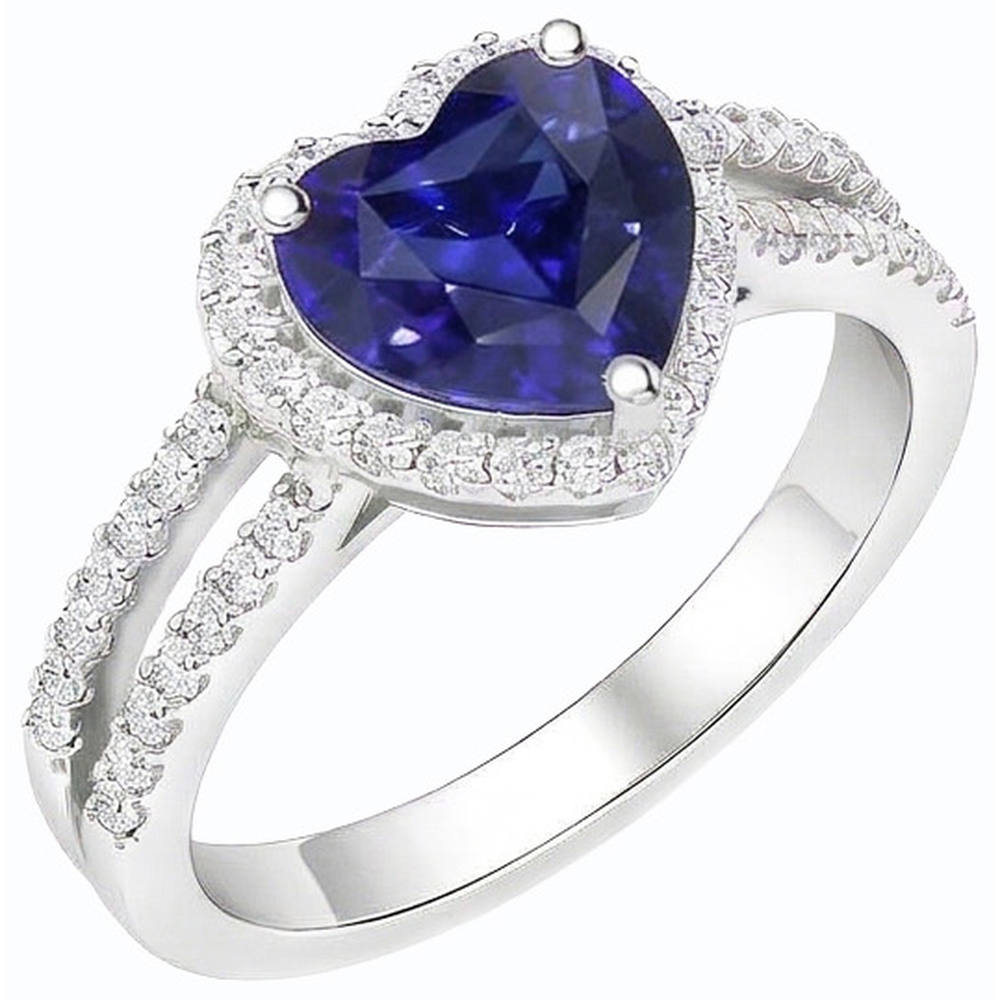 Natural Earth Mined Diamond Halo Heart Cut Sapphire Ring Double Shank 3.50 Carats