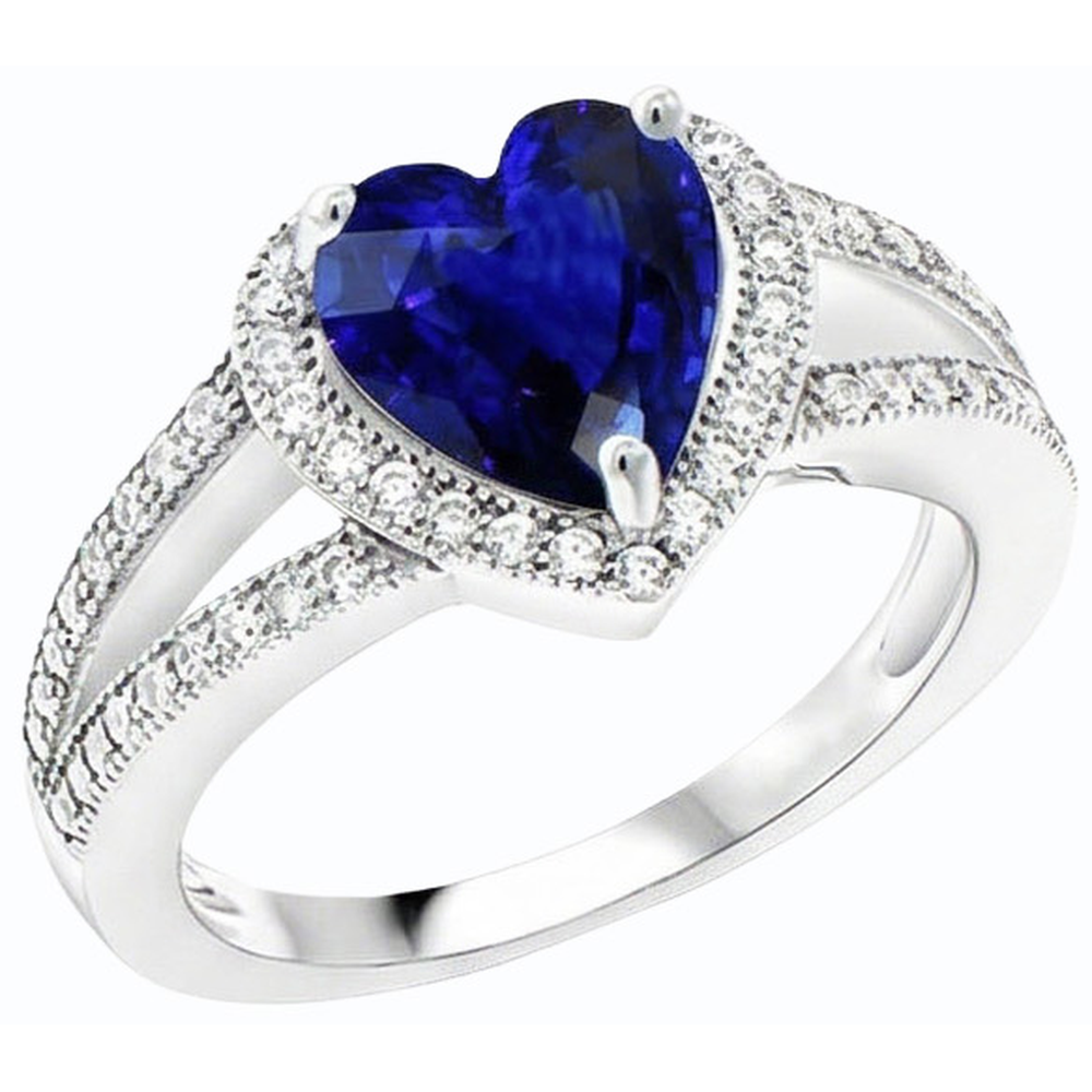 Natural Earth Mined Diamond Halo Heart Shaped Blue Sapphire Ring Split Shank 4 Carats