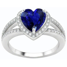 Natural Earth Mined Diamond Halo Heart Shaped Blue Sapphire Ring Split Shank 4 Carats