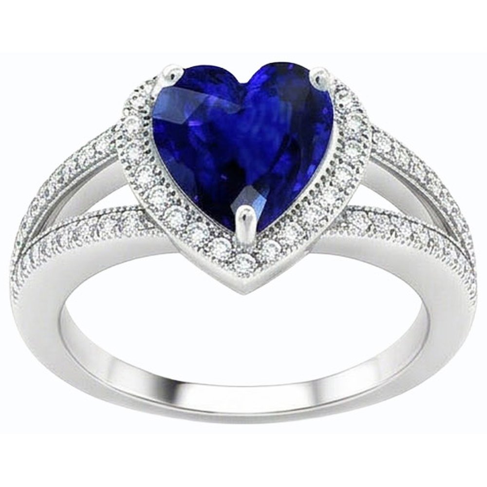 Natural Earth Mined Diamond Halo Heart Shaped Blue Sapphire Ring Split Shank 4 Carats