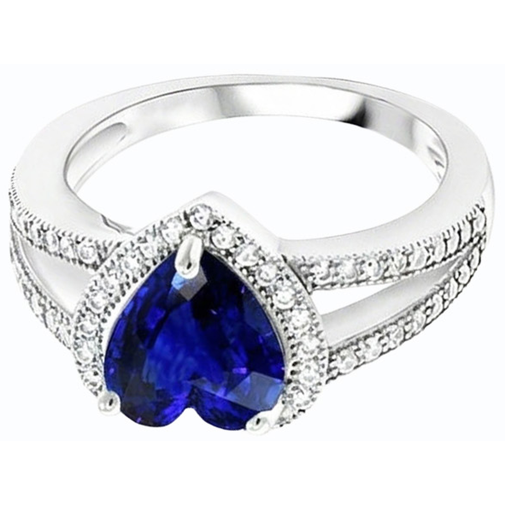 Natural Earth Mined Diamond Halo Heart Shaped Blue Sapphire Ring Split Shank 4 Carats