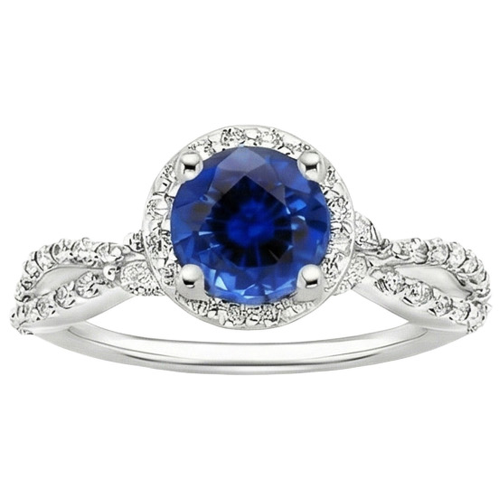 Natural Earth Mined Diamond Halo Jewellery Deep Blue Sapphire Split Shank Prong Set 3 Carats