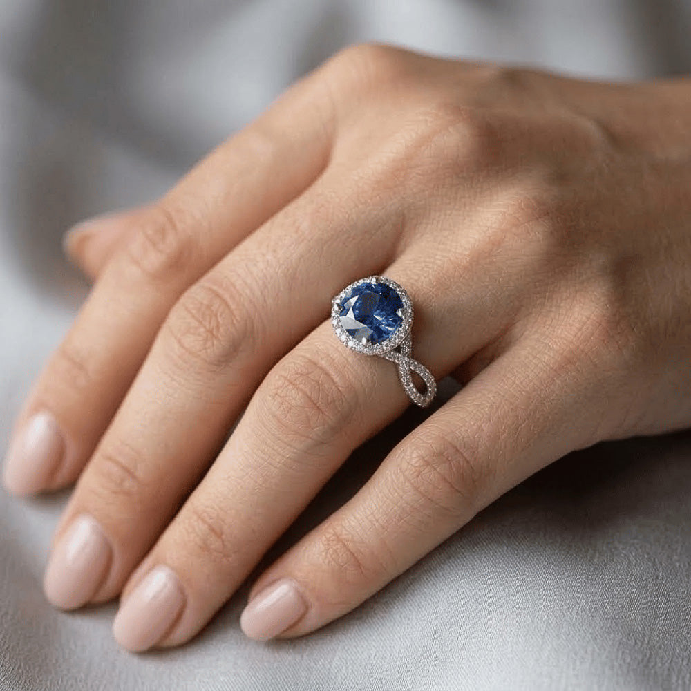 Natural Earth Mined Diamond Halo Jewellery Deep Blue Sapphire Split Shank Prong Set 3 Carats