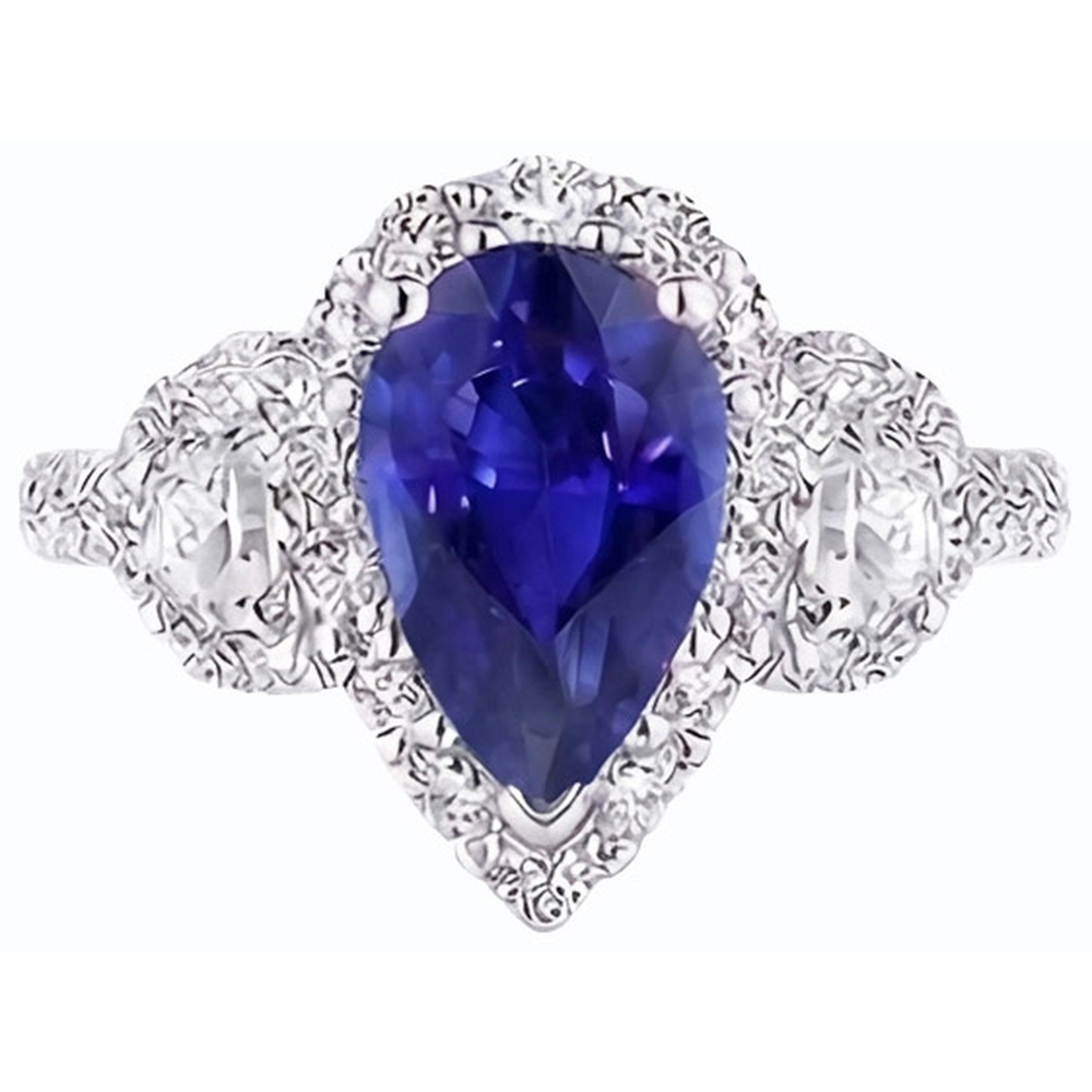Natural Earth Mined Diamond Halo Pear Ceylon Sapphire Ring 3 Stone Style 4.50 Carats