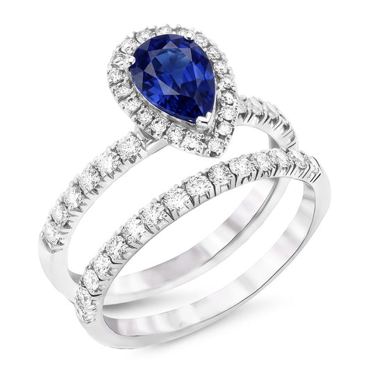Natural Earth Mined Diamond Halo Pear Sri Lankan Sapphire Wedding Ring Set 2.50 Carats