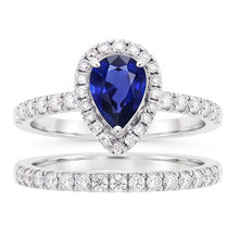 Natural Earth Mined Diamond Halo Pear Sri Lankan Sapphire Wedding Ring Set 2.50 Carats