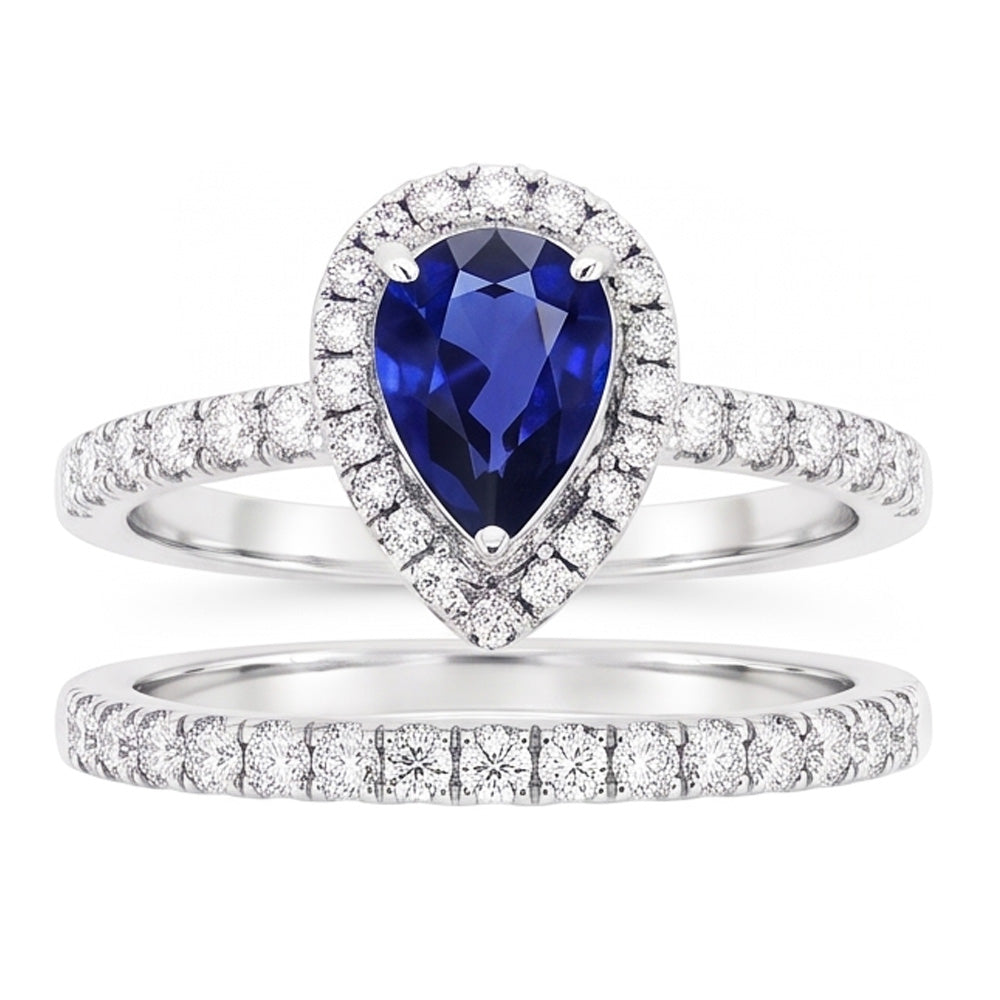Natural Earth Mined Diamond Halo Pear Sri Lankan Sapphire Wedding Ring Set 2.50 Carats