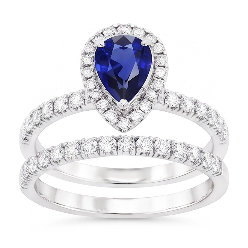 Natural Earth Mined Diamond Halo Pear Sri Lankan Sapphire Wedding Ring Set 2.50 Carats