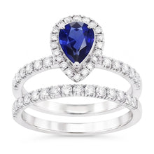 Natural Earth Mined Diamond Halo Pear Sri Lankan Sapphire Wedding Ring Set 2.50 Carats
