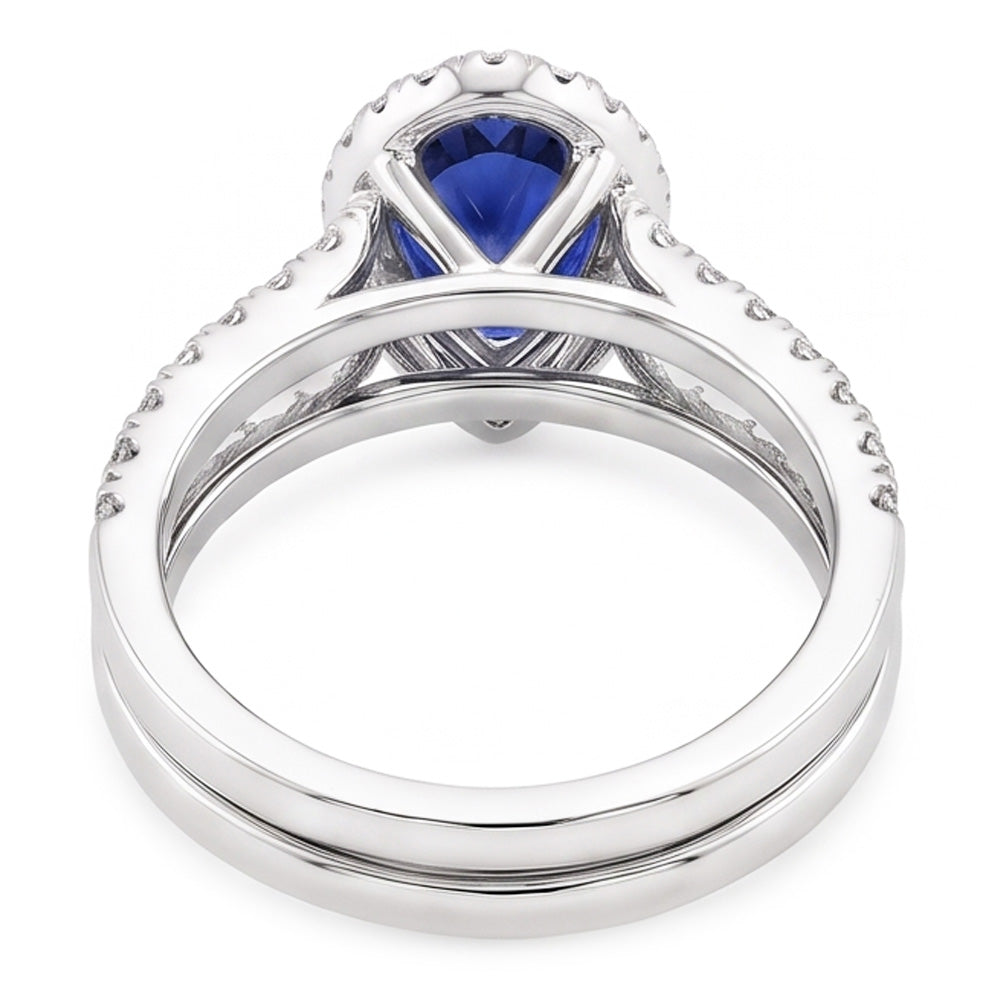 Natural Earth Mined Diamond Halo Pear Sri Lankan Sapphire Wedding Ring Set 2.50 Carats