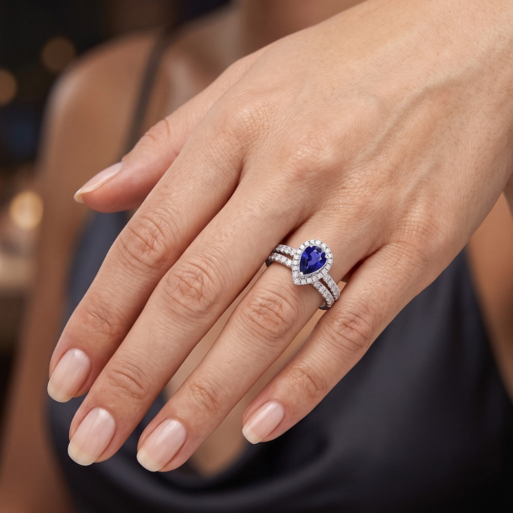 Natural Earth Mined Diamond Halo Pear Sri Lankan Sapphire Wedding Ring Set 2.50 Carats