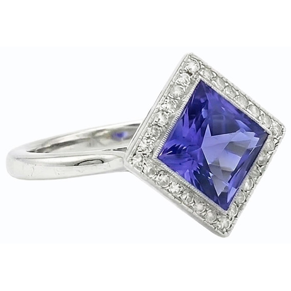 Natural Earth Mined Diamond Halo Princess Blue Sapphire Ring 3 Carats Gold Pyramid Style