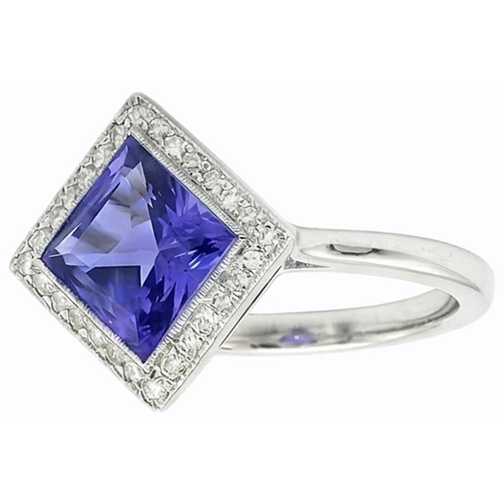 Natural Earth Mined Diamond Halo Princess Blue Sapphire Ring 3 Carats Gold Pyramid Style