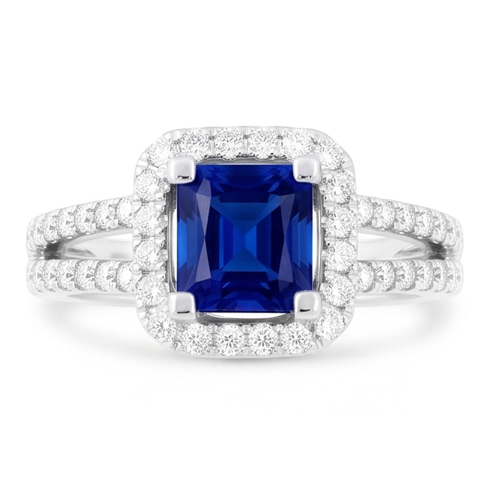 Natural Earth Mined Diamond Halo Radiant Sapphire Ring Double Shank 3 Carats Gold Jewellery
