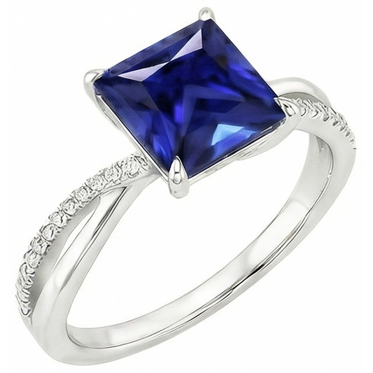 Natural Earth Mined Diamond Halo Ring Ceylon Sapphire 5.50 Carat Princess with Accents