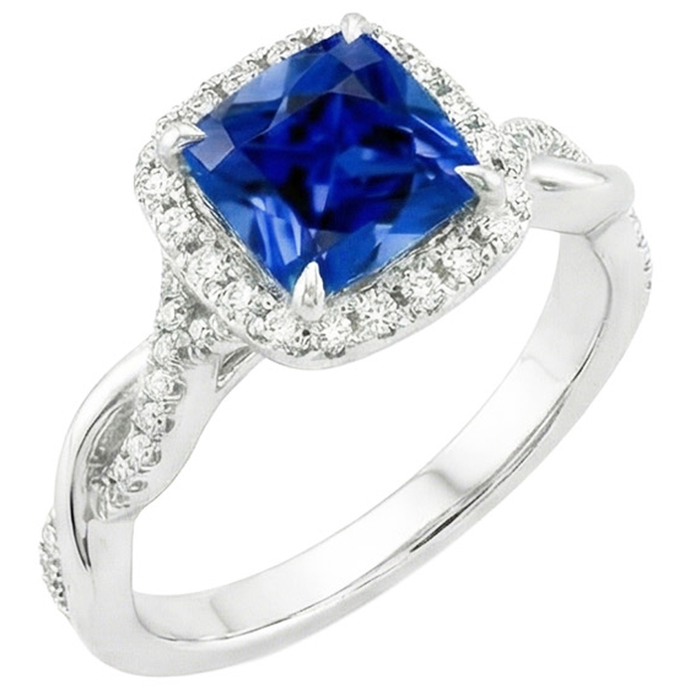 Natural Earth Mined Diamond Halo Ring Cushion Blue Sapphire Pave Set Accented 3.25 Carats