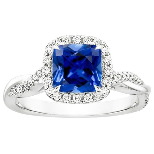 Natural Earth Mined Diamond Halo Ring Cushion Blue Sapphire Pave Set Accented 3.25 Carats