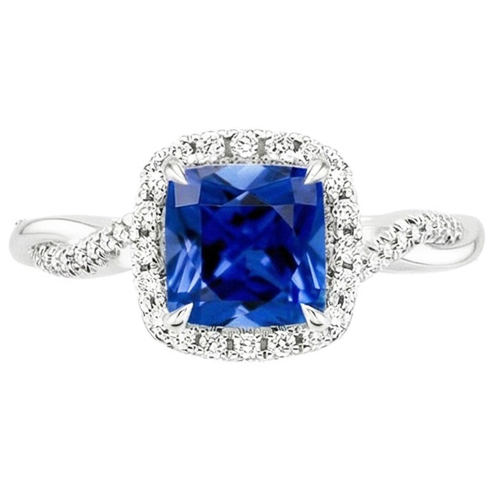 Natural Earth Mined Diamond Halo Ring Cushion Blue Sapphire Pave Set Accented 3.25 Carats