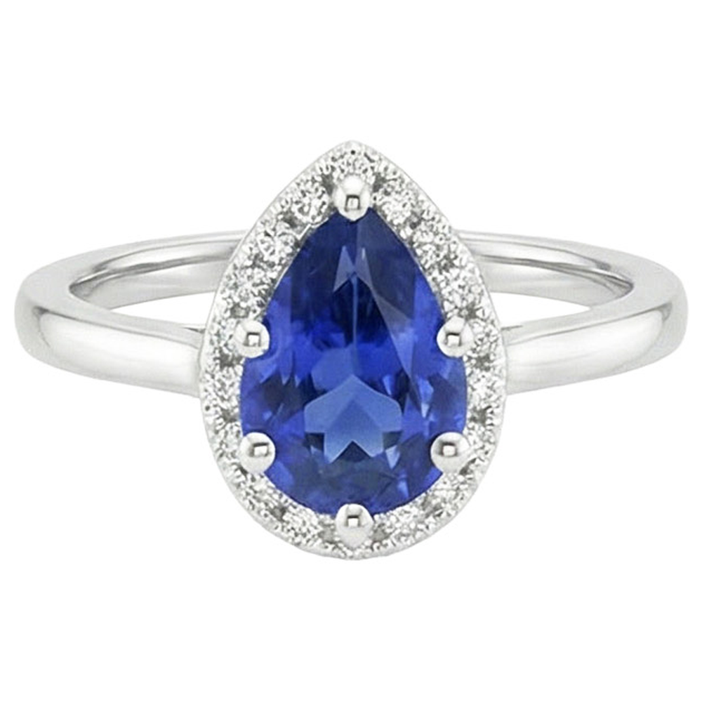 Natural Earth Mined Diamond Halo Ring Teardrop Style Pear Sri Lankan Sapphire 4 Carats