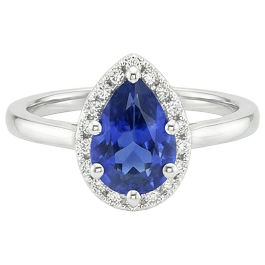 Natural Earth Mined Diamond Halo Ring Teardrop Style Pear Sri Lankan Sapphire 4 Carats