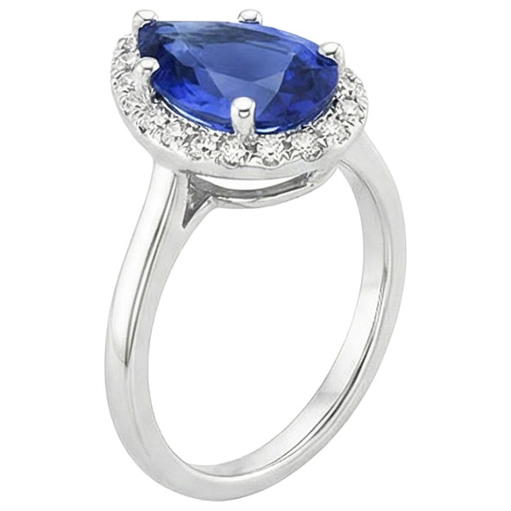 Natural Earth Mined Diamond Halo Ring Teardrop Style Pear Sri Lankan Sapphire 4 Carats