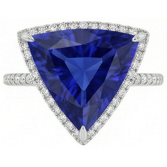 Natural Earth Mined Diamond Halo Ring Trillion Shaped Deep Blue Sapphire 4 Carats