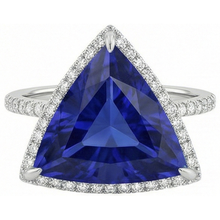Natural Earth Mined Diamond Halo Ring Trillion Shaped Deep Blue Sapphire 4 Carats