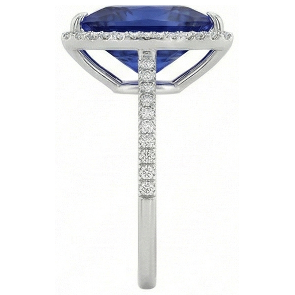 Natural Earth Mined Diamond Halo Ring Trillion Shaped Deep Blue Sapphire 4 Carats