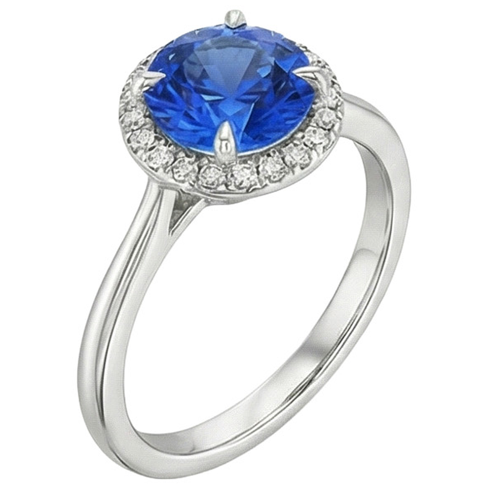 Natural Earth Mined Diamond Halo Ring White Gold Ceylon Sapphire Prong Set 2.50 Carats