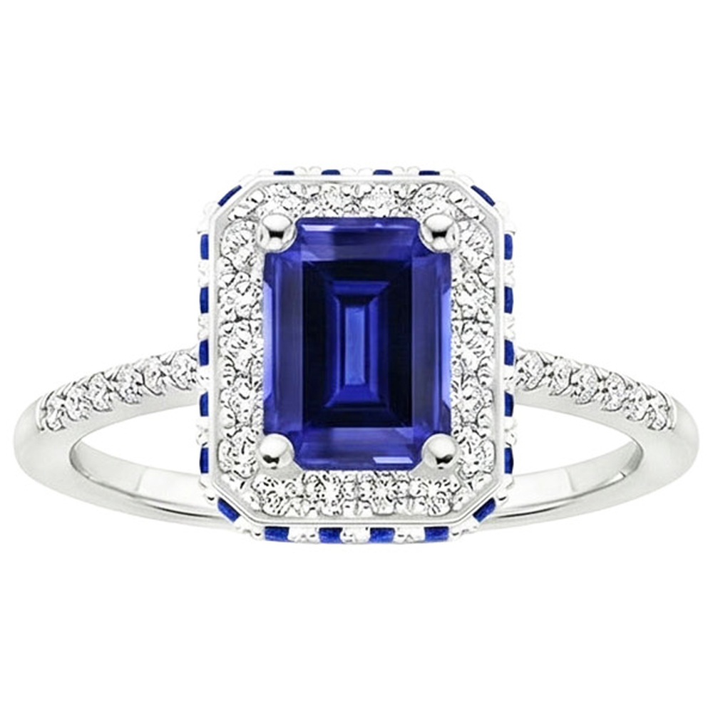 Natural Earth Mined Diamond Halo Ring With Blue Sapphires on Side Emerald 4.25 Carats