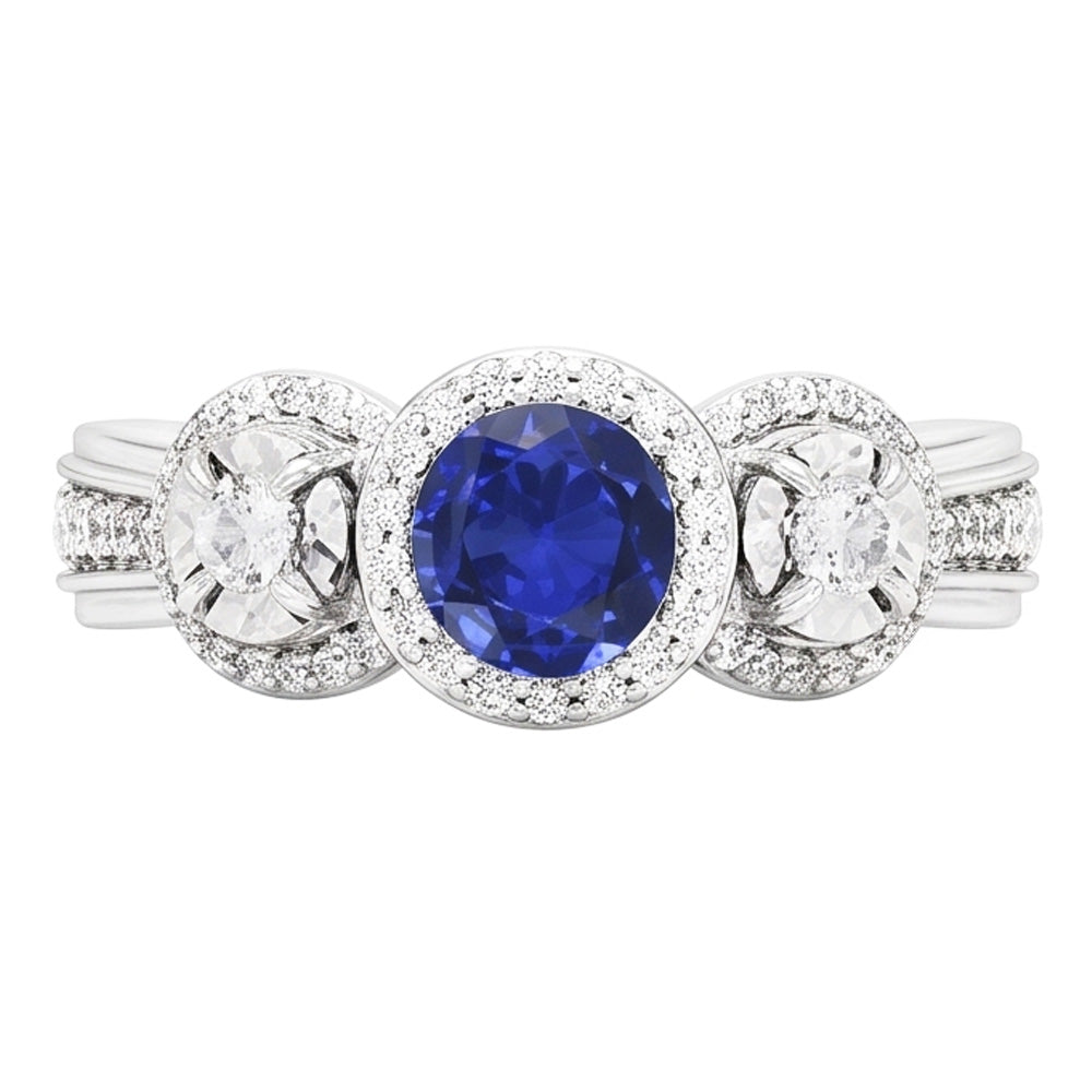 Natural Earth Mined Diamond Halo Round Blue Sapphire Ring 5 Carats Ladies Jewellery