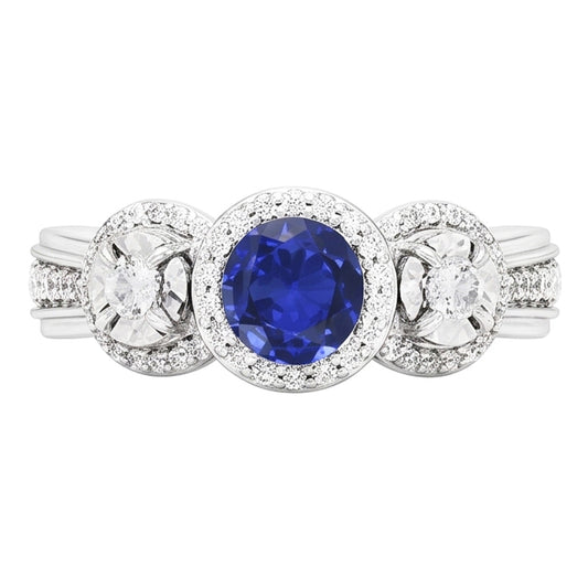 Natural Earth Mined Diamond Halo Round Blue Sapphire Ring 5 Carats Ladies Jewellery