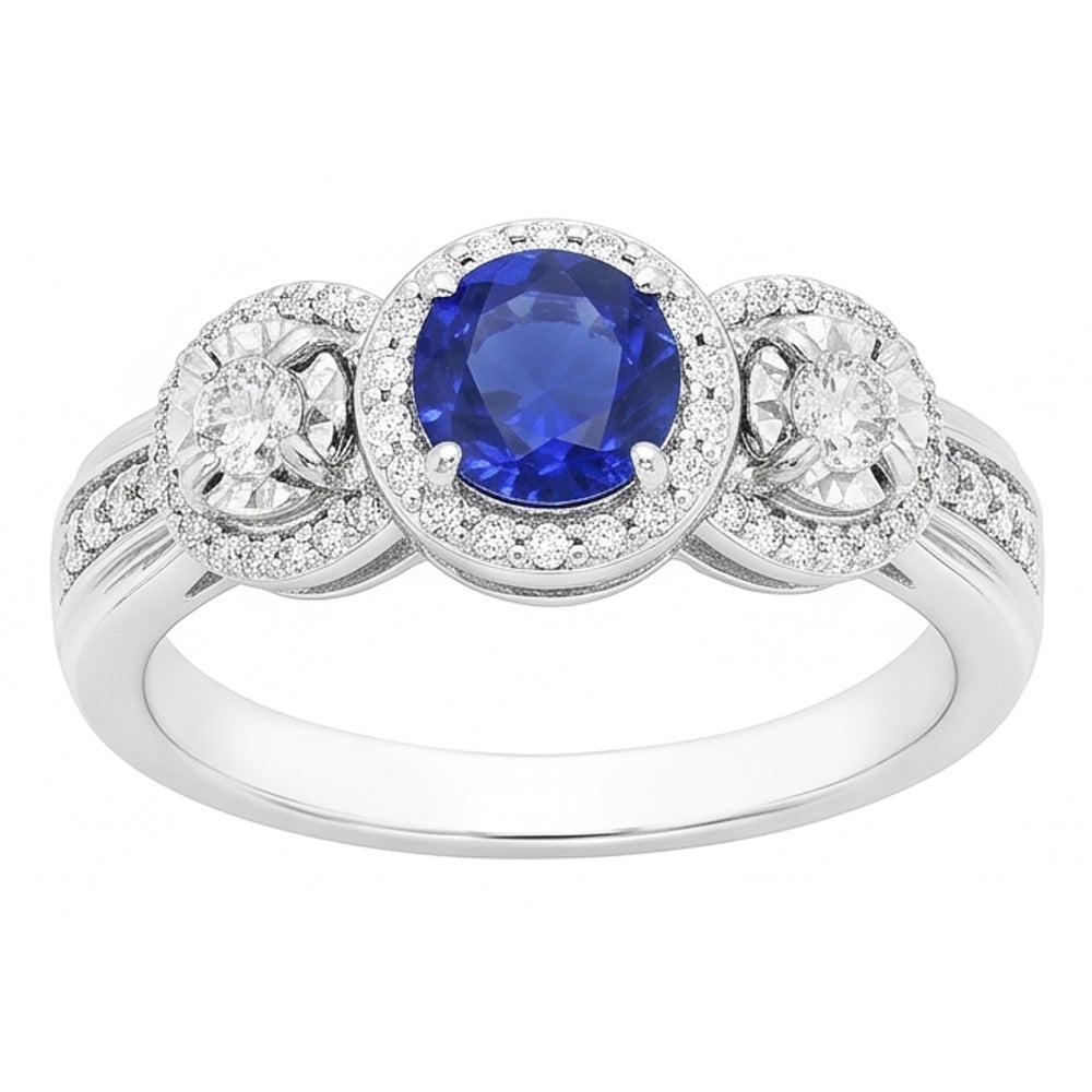 Natural Earth Mined Diamond Halo Round Blue Sapphire Ring 5 Carats Ladies Jewellery