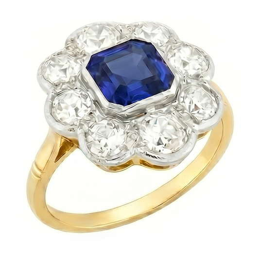 Natural Earth Mined Diamond Halo Sapphire Ring Bezel Set Asscher Cut Flower Style 4 Carats