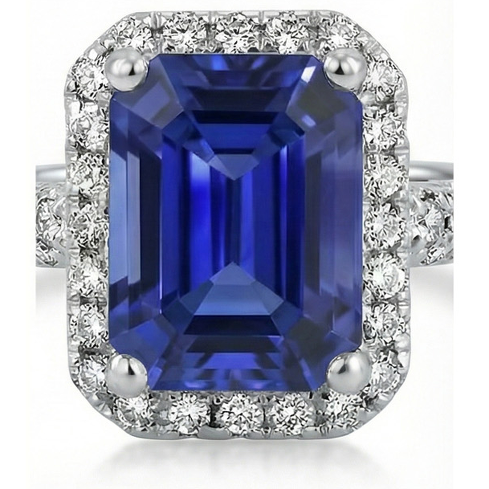 Natural Earth Mined Diamond Halo Wedding Ring Emerald Sri Lankan Sapphire 4 Carats