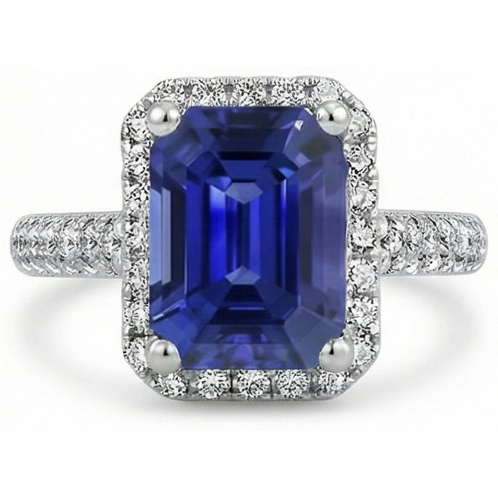 Natural Earth Mined Diamond Halo Wedding Ring Emerald Sri Lankan Sapphire 4 Carats
