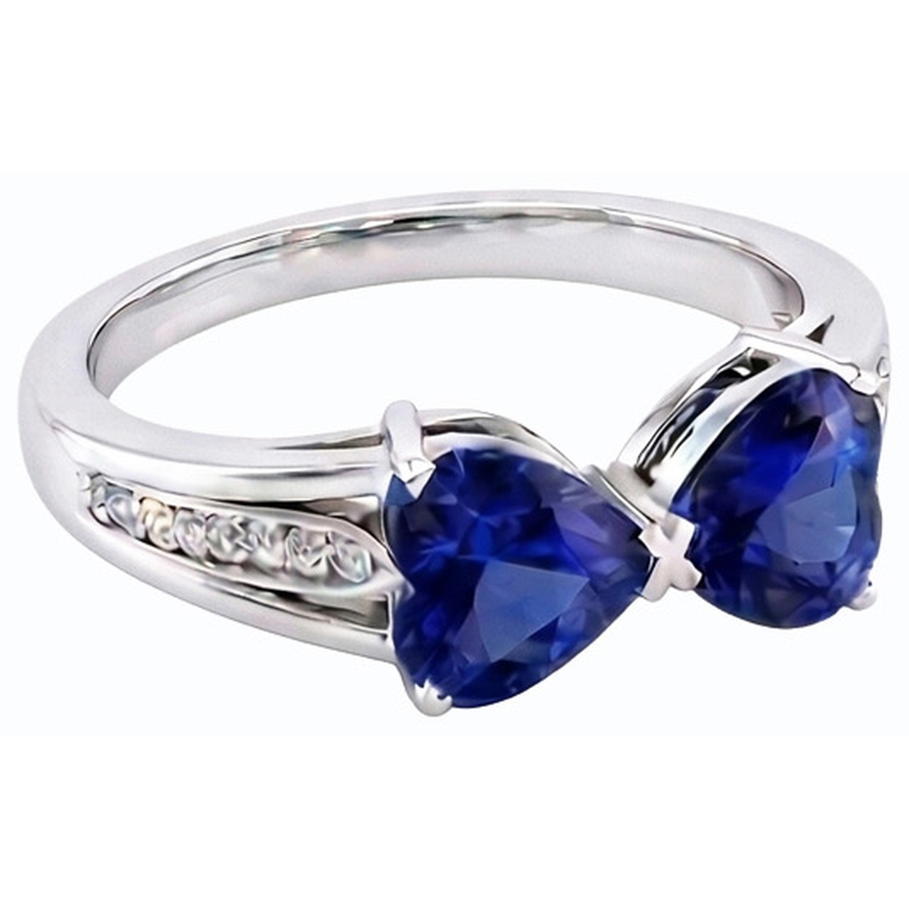Natural Earth Mined Diamond Heart 2 Stone Blue Sapphire Ring 3.50 Carats Gold 14K Jewellery