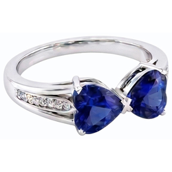 Natural Earth Mined Diamond Heart 2 Stone Blue Sapphire Ring 3.50 Carats Gold 14K Jewellery