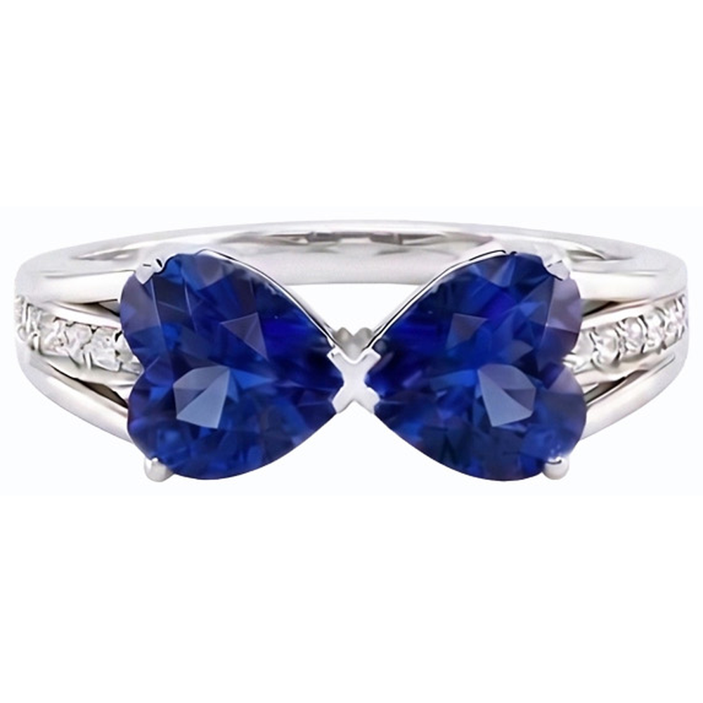 Natural Earth Mined Diamond Heart 2 Stone Blue Sapphire Ring 3.50 Carats Gold 14K Jewellery