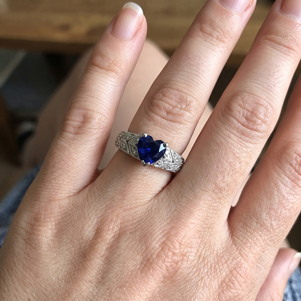 Natural Earth Mined Diamond Heart Halo Blue Sapphire Ring 2.50 Carats Leaf Style Jewellery