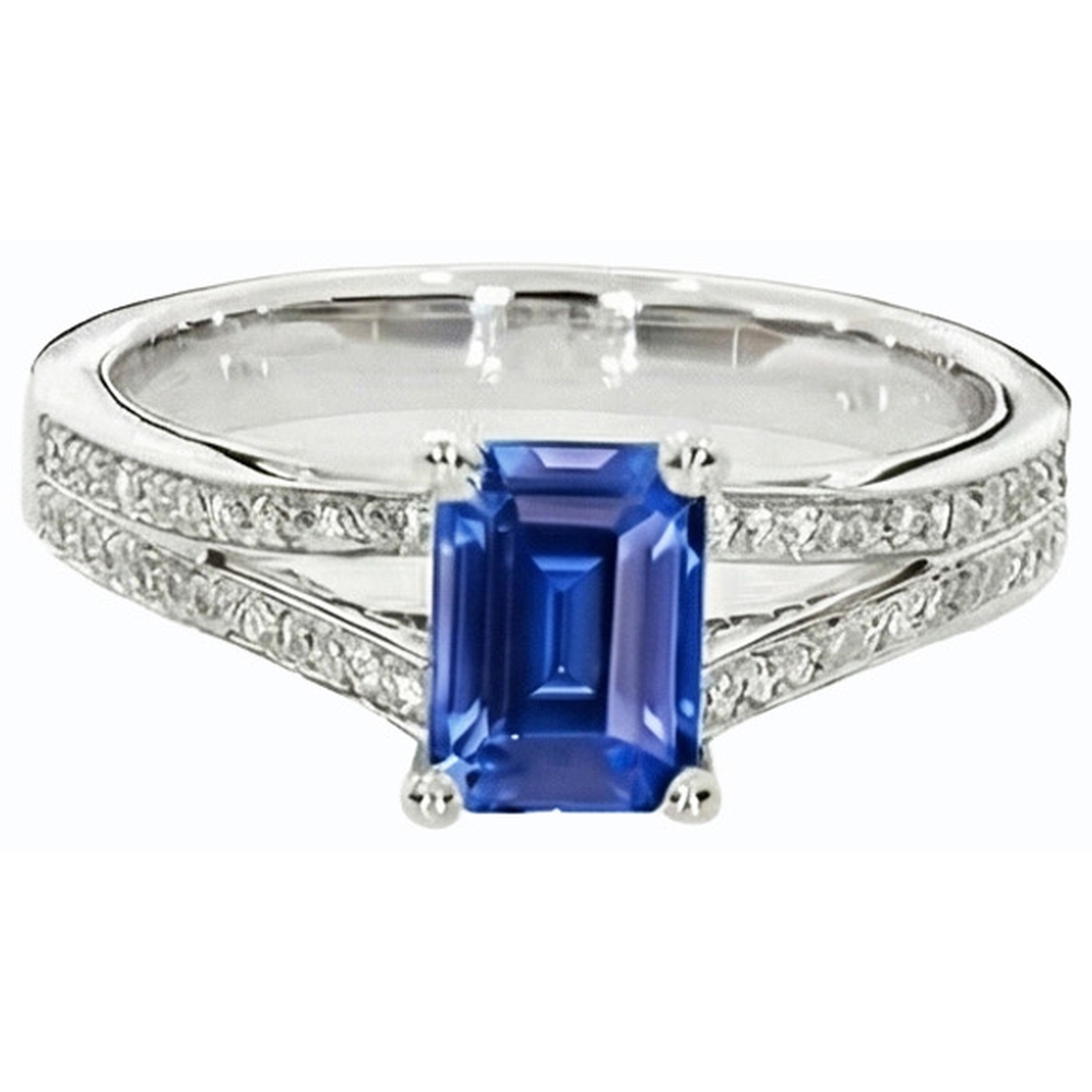 Natural Earth Mined Diamond Jewellery Emerald Cut Blue Sapphire Ring Split Shank 3 Carats