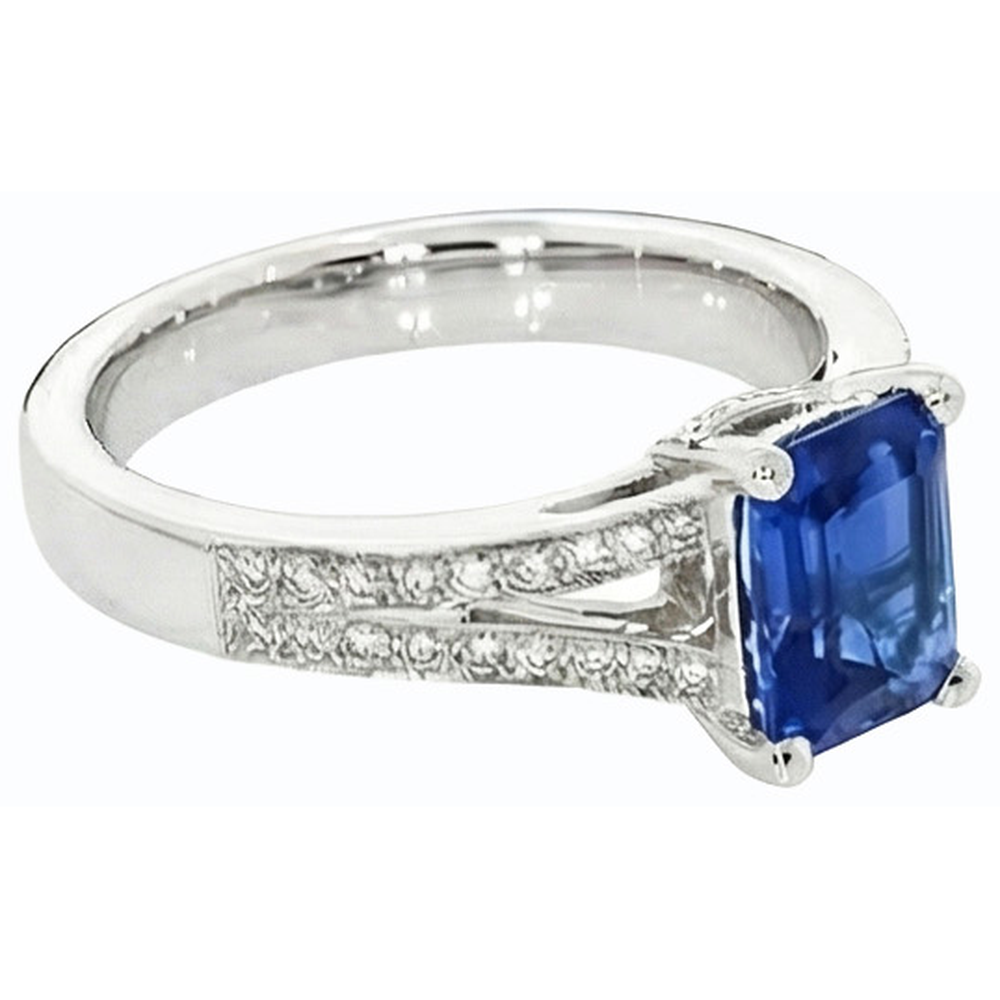 Natural Earth Mined Diamond Jewellery Emerald Cut Blue Sapphire Ring Split Shank 3 Carats