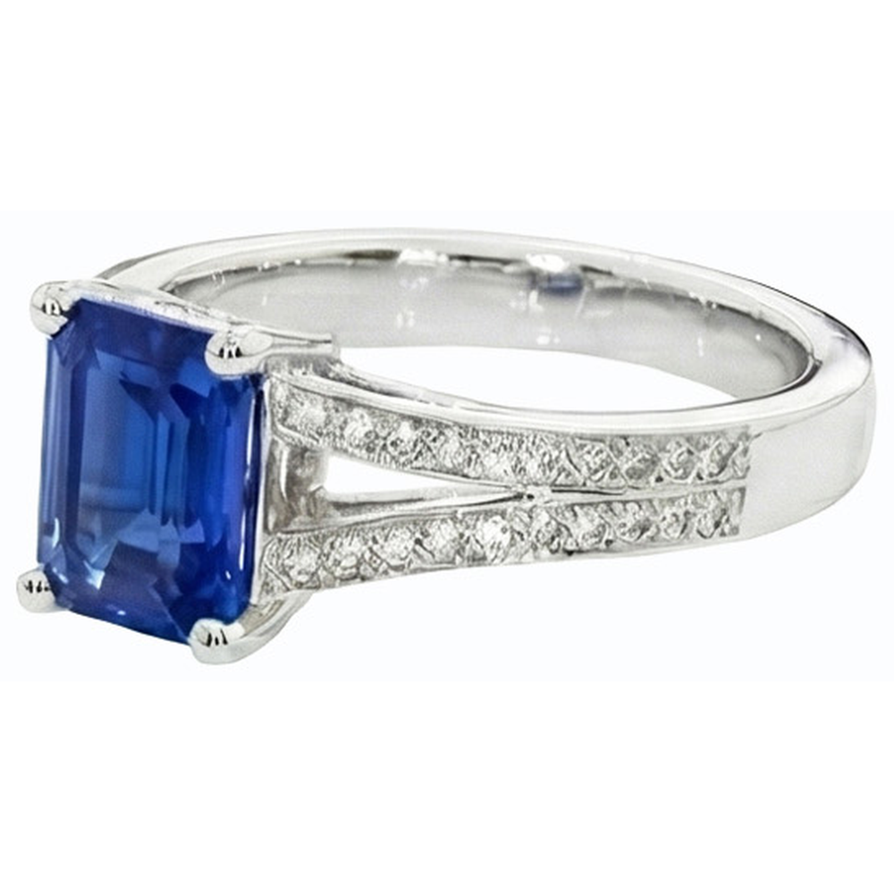 Natural Earth Mined Diamond Jewellery Emerald Cut Blue Sapphire Ring Split Shank 3 Carats