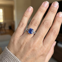 Natural Earth Mined Diamond Jewellery Emerald Cut Blue Sapphire Ring Split Shank 3 Carats