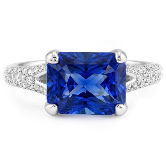 Natural Earth Mined Diamond Jewellery Radiant Sapphire Ring Pave Split Shank 4 Carats