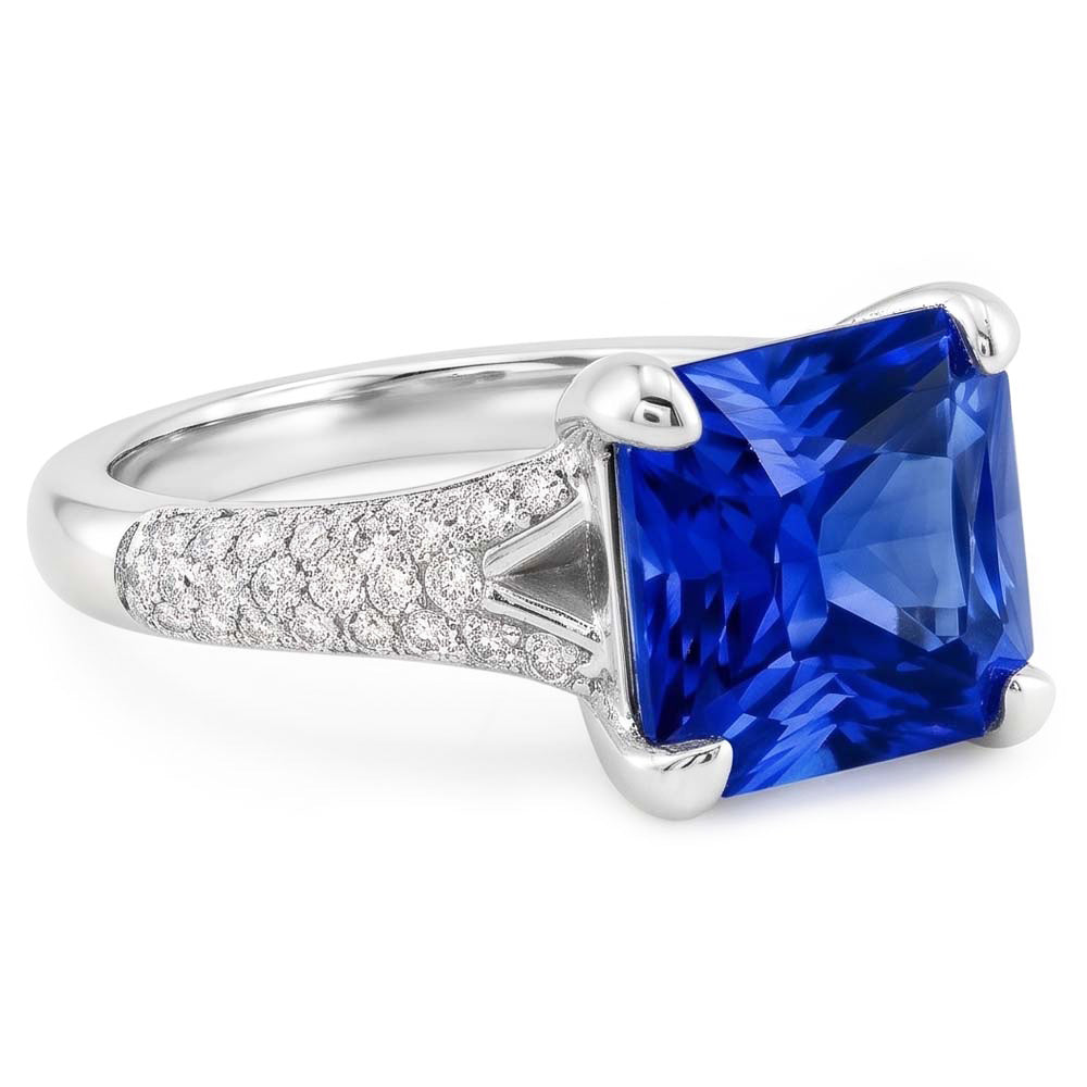 Natural Earth Mined Diamond Jewellery Radiant Sapphire Ring Pave Split Shank 4 Carats