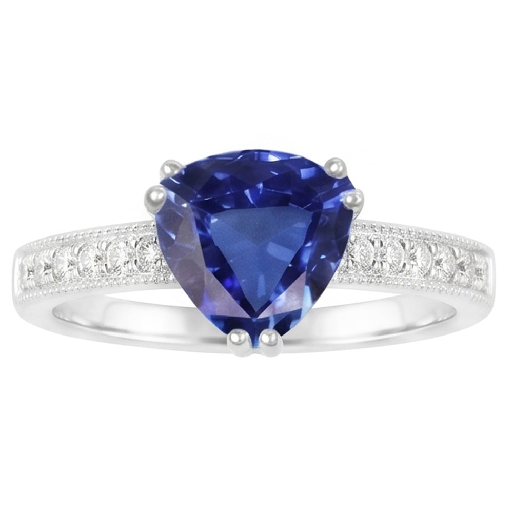 Natural Earth Mined Diamond Jewellery Trillion Cut Blue Sapphire Ring Double Prong 2 Carats